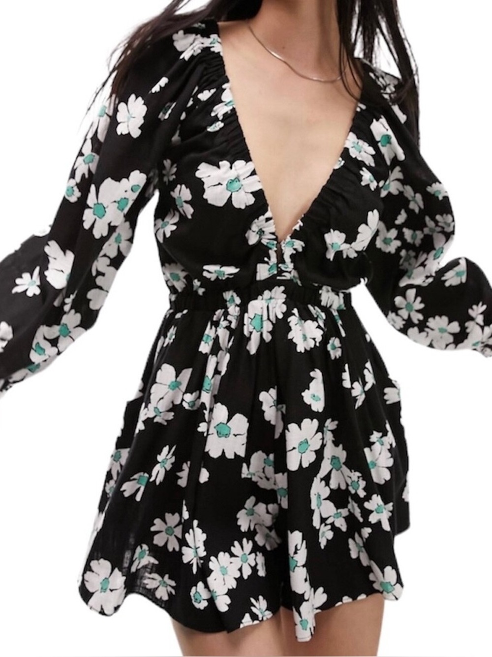Topshop Black Floral V-Neck Romper with Mint Accents